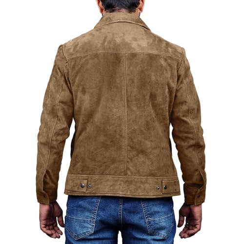 Image of Mens Polo Collar Zipper Suede Shirts Long Sleeve Shacket Suede Trucker Jacket Real Suede Leather Shirt