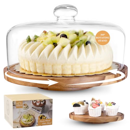 Suporte para bolos com tampa de vidro: bandeja multifunções giratória de madeira de 360° - inclui sino e base para servir, decoração de festas