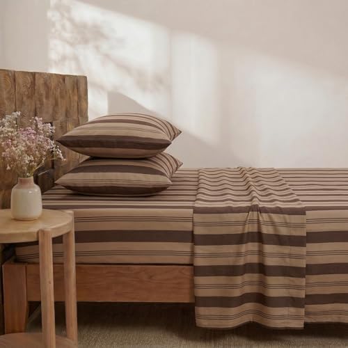 Image of Merryword 100% Cotton Sheet Set Queen Size - Brown Striped Bedding, Soft Breathable Percale Weave, Deep Pocket Fitted Sheet 17.5 inch, Luxury & Silky Soft Sheet Set for All Seasons