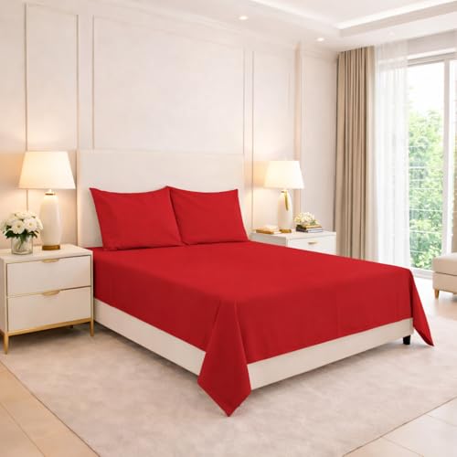 Image of ARLINENS Plain Dyed Polycotton Flat Sheet Premium Hotel Quality Ultra Soft Non Iron Bed Sheet -Fade Resistant in (Red, Single 178 x 250 cm)