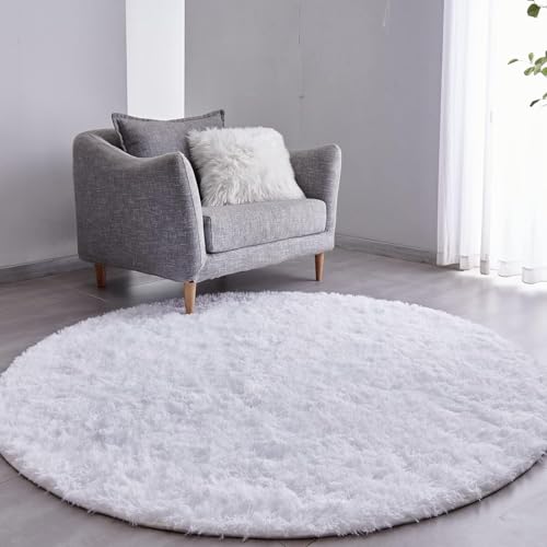 Image of Premium Round Shaggy Carpet Plain Fur Rugs Bedroom and Living Room 6x6 Feet Microfiber & Polyster Modern Interior Floor Mat White