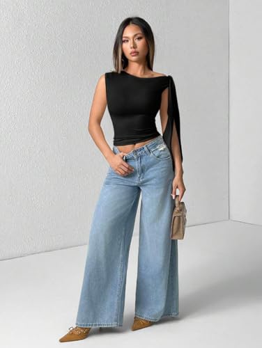 Image of TIVANTE Solid Asymmetrical Shoulder Tie Strap Crop Top for Women