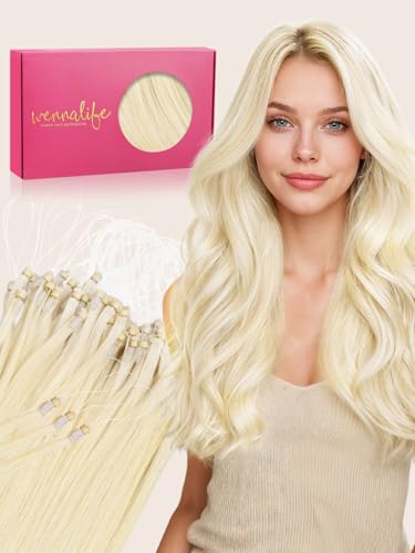WENNALlFE T Lock Tip Hair Extensions Human Hair, 50g 60s 16 Inch Platinum Blonde Remy Hair Microlink Hair Extensions Real Human Hair Seamless Micro Loop Soft Reusable Micro Bead Extensiones De Cabello