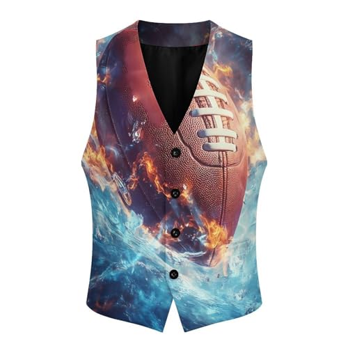 Football Blue Flames And Water Men's Formal Suit Vest for Business Formal Or Casual Dress Waistcoat Wedding4