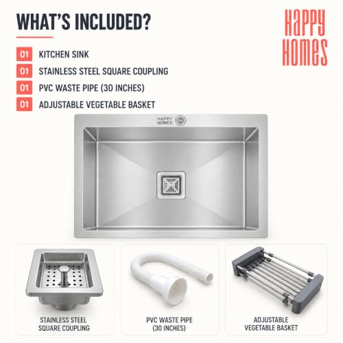 Image of HAPPY HOMES HAPPY HOMES 24x18x10 Inch Kitchen Sink 100% Stamped 304 Grade Stainless Steel with Nanocoated Undercoating, Sound Dampening |Square Coupling and Metal Fruit Basket | 25 Years Warranty