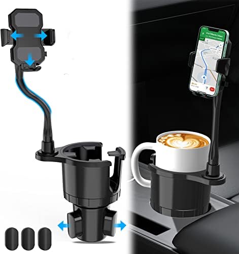 Sinvanho Car Cup Holder Expander with Phone Mount, 2 in 1 Automotive Cell Phone Drink Holder Adapter with Adjustable Base Long Gooseneck 360° Rotation, Fits Any Smartphones and Most Bottles