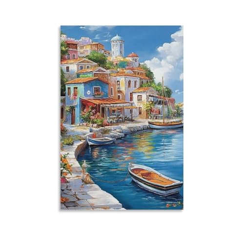Tableau impression sur toile village côtier DHBANEIOK pour déco murale couloir 60x90cm