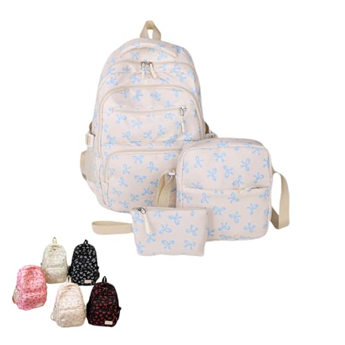 Image of 3-Piece Bow School Backpack Set for Girls – Cute Rucksack with Shoulder Bag & Pencil Case, Lightweight Nylon, Laptop Compartment, Gift for Teens, 7 Colours (White Blue)