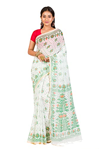 Sari bengali traditionnel en coton et soie blanc et vert avec chemisier de 5.5 mètres