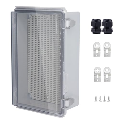 IP67 Waterproof Junction Box, ABS Plastic Electrical Enclosure with Stainless Steel Latch, Hinged Cover Electric Box with Mounting Plate, Wall Brackets &amp; Cable Glands 260x160x100mm