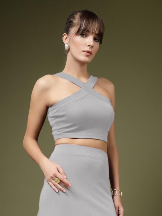 Image of OOMPH! Women Stretchable Relaxed Fit Crop Top With Stylised Shoulder Straps