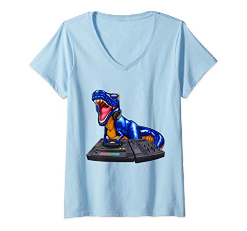 Womens Dj Trex Turntable Music Novelity Equalizer V-Neck T-Shirt #TOP29