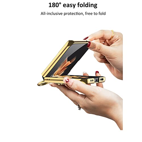 For Z Flip4 5G 2022 Case 360°With Ring Luxury Electroplated Pu Leather Cover Compatible With Samsung Galaxy Z Flip 4 5G Case Built-In Screen Protector Camera Phone Case (Black) #TOP3