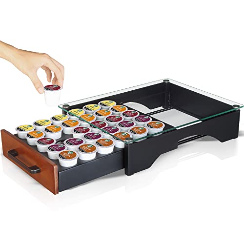 Saratoga Home K Cup Organizer Compatible For Keurig Pod Holder, Solid Wood K Cup Drawer With Tempered Glass, Kcup Coffee Pod Storage, K Cup Holder For Counter, Stores Up To 30 Pods / Capsules #TOP27