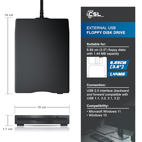 CSL - External USB Floppy Disk Drive (USB-A & USB-C) - 3.5 Inch FDD 1.44 MB - Slim Portable Disk Reader - Plug & Play - Compatible with PC/Laptop/Windows 11 & 10 – Black