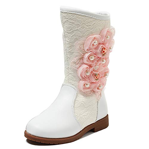 UBELLA Girl's Lace Flower Side Zipper Fur Lined Winter Warm Mid Calf Snow Boots (Toddler/Little Kid/Big Kid) White