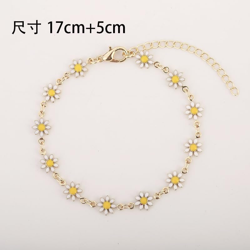 Miniatura 2 de Pingyongchang Juego de collar y pulsera de flores de margarita para mujer, gargantilla esmaltada bohemia, joyería de girasol de primavera dorada