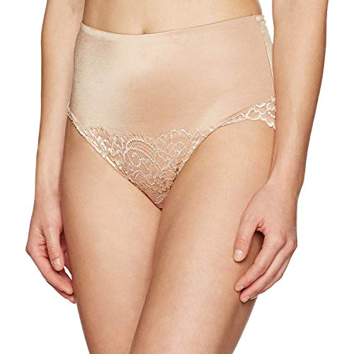 Amazon Brand - Arabella Women's Microfiber and Lace Tummy Control Brief Panties Shapewear, Nude, Large