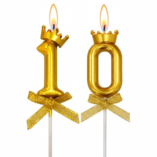 Image of Rozi Decoration Number 10 Birthday Candle Set Gold with Crown Design | Cake Topper Candles with Stick | Birthday and Anniversary Cake Decoration