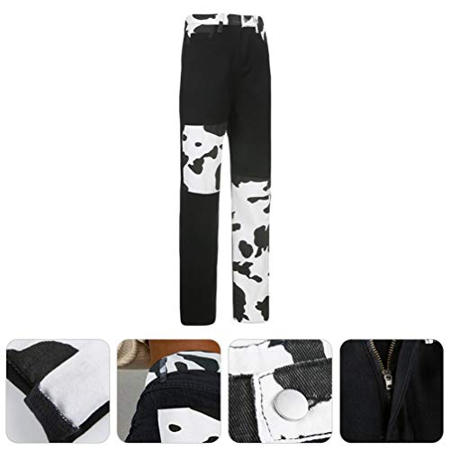 KESYOO Jeans Feminino Cow Jeans Patchwork Jeans Jeans de Cintura Alta Jeans Slim Calça Reta Patch Ca