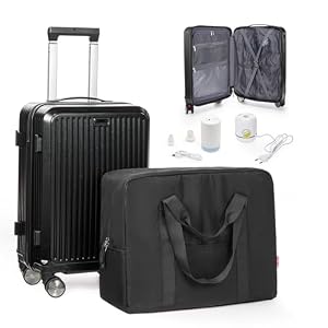 bergsalz bergsal Koffer Mit Vakuumsystem,Leicht Hartschalenkoffer Handgepäck Koffer 55x40x20cm,Vakuum Kompressibel Trolley Handgepäck Mit 4 Rollen,Gepäck Sets Mit 2 Elektrische Pumpen Und 1 Reisetasch Schwarz