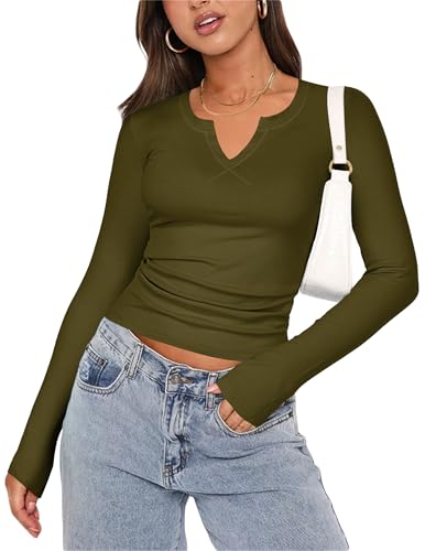 Zeagoo Camiseta de manga larga para mujer, cuello en V, camiseta de manga larga, corte ajustado, parte superior elegante, camisetas elásticas, tops acanalados, top informal de color sólido, jersey de