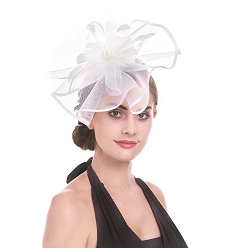 Saferin Fascinator Feather Mesh Net Veil Party Hat Flower Derby Hat With Clip And Hairband For Women (Ta1-White Feather Mesh) #TOP3