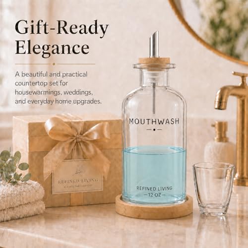 Image of Mouthwash Dispenser for Bathroom, 12 OZ Refillable Glass Mouthwash Bottle with Cup and Bamboo Tray, Decorative Mouth Wash Dispenser Set for Bathroom