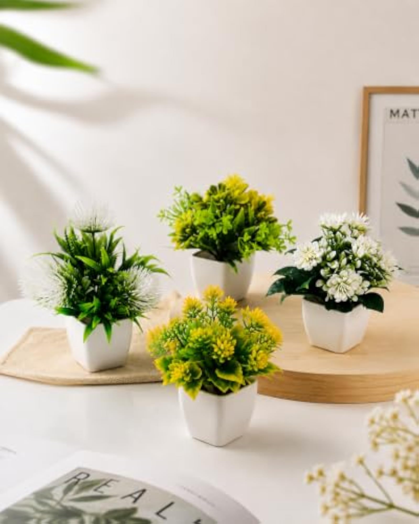 Artificial Plant Set with White Pots, Set of 4