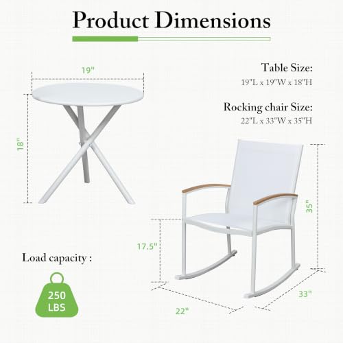 Image of Shintenchi 3 Pieces Patio Rocking Bistro Sets,Outdoor Textilene Fabric Conversation Bistro Set,Front Porch Rocker Chairs Small Patio Furniture Set with Table for Lawn,Garden,Balcony(White)