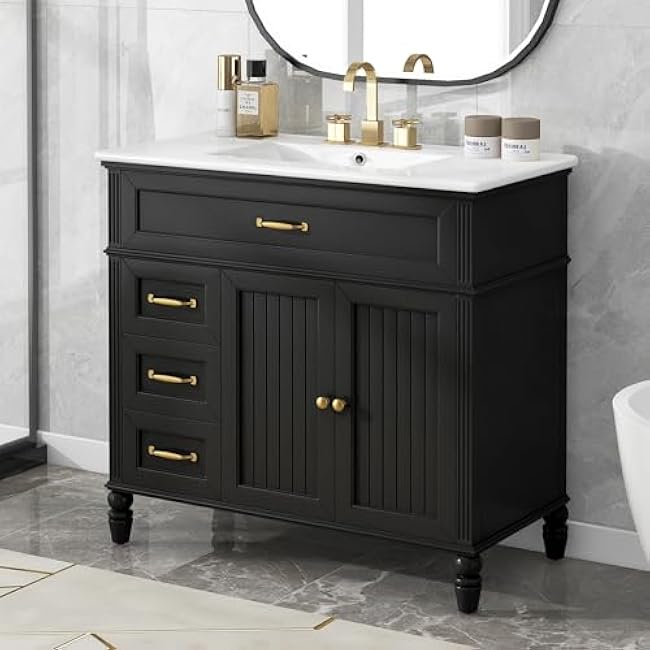 Bathroom Vanity Set, 36 Bathroom Vanity with Resin Sink Combo, Solid Wood Frame Bathroom Storage Cabinet with 5 Drawers & Soft Closing Doors, MDF Boards, Gold Metal Knobs