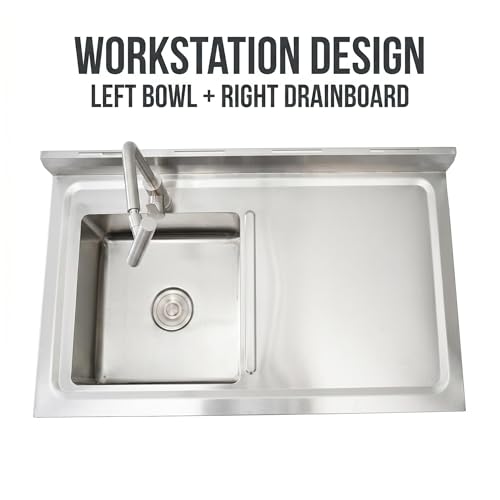 Image of Freestanding Stainless Steel Utility Sink with Hot & Cold Pull-Out Faucet, Large Capacity Laundry Sink with Storage Shelf & Drain Kit for Garage Kitchen Backyard Commercial Use