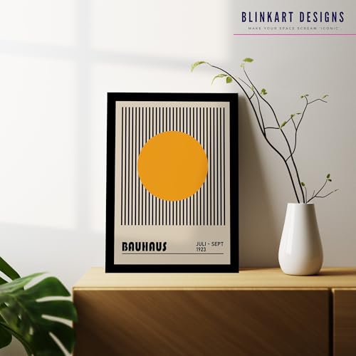 Image of BLINKART Vintage Bauhaus Retro Geometric Aesthetic Poster Gallery | Colorful Wrap Framed For Home Office Studio Living Room Modern Art Studio Decoration Abstract Shapes | (d87) | 13x10 Inch