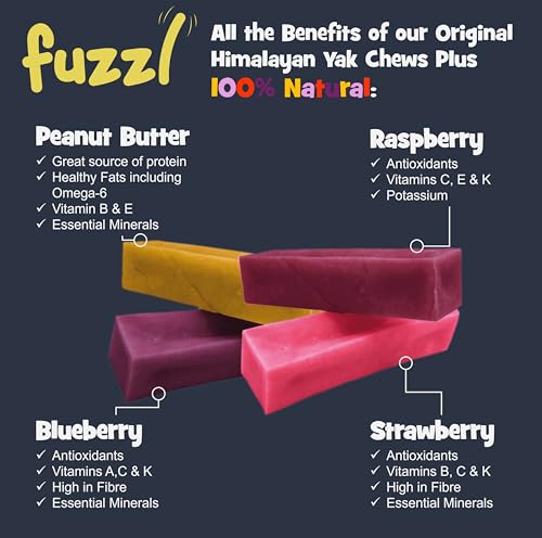 Image of Fuzzl Raspberry, Peanut Butter, Strawberry & Blueberry Himalayan Yak Cheese for Dogs Box 4, 300g Premium Natural Dog Treats | Yak Chews for Dogs Dental Chews