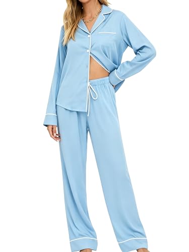 Image of SWOMOG Womens Pajamas Set Long Sleeve Sleepwear Button Down Nightwear Soft Cotton Pj Lounge Sets