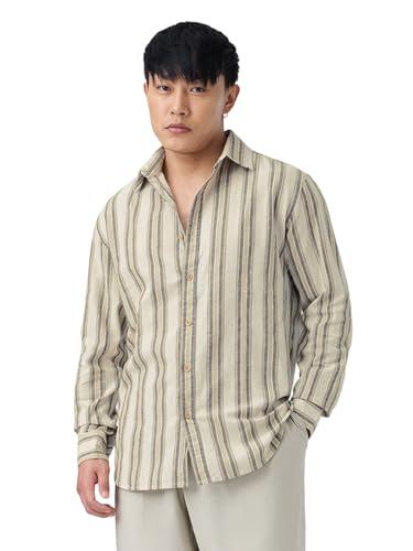 Image of The Souled Store: Echo Men and Boys Long Sleeve Spread Collar Beige and Blue Striped Regular Fit Casual Easy to Wear Summer Ready Lightweight Cotton Linen Shirt