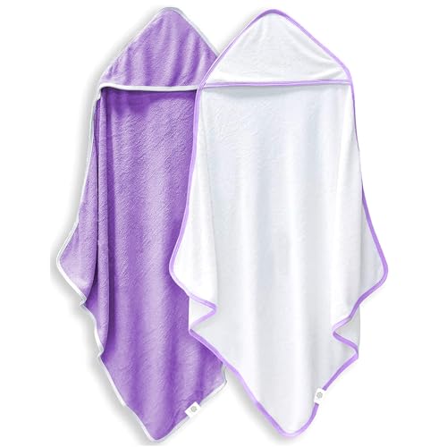 Image of 2 Pack Baby Bath Towel - Rayon Made from Bamboo, Ultra Soft Hooded Towels for Babies,Toddler,Infant - Newborn Essential -Perfect Baby Registry Gifts for Boy Girl (White and Violet, 30 x 30 Inch)