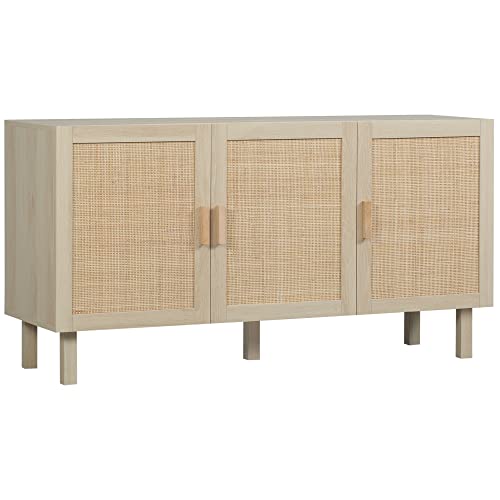 HOMCOM Meuble de Rangement Buffet rotin avec Placard à Portes Effet cannage, étagères réglables, Style bohème, Armoire de Rangement pour Salon, Cuisine,...