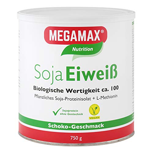 MEGAMAX Soja Eiweiß Schoko 750 + Taurin + L-Methionin Glutenfrei - Sojaeiweiß-Isolat Low Carb - pflanzliches Eiweiss, Laktosefrei, Aspartamfrei - Veganes Protein für Muskelaufbau u. Muskelerhalt