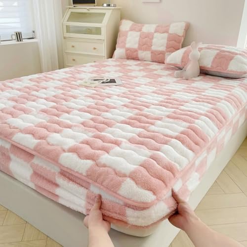 Homxi Colcha de Verano Ajustable Cama y 2 Fundas Almohada,180 x 200 CM,Ropa Cama King Terciopelo Patrón de Plaid Sabanas Bajeras Ajustables Verano Rosa