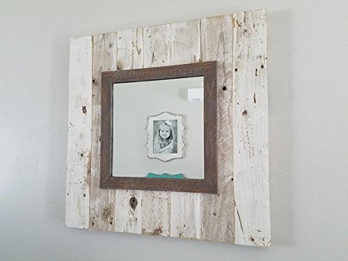 MyBarnwoodFrames - Reclaimed Barn Wood Slat Mirror with Whitewashed Boards (34x34 Inches)