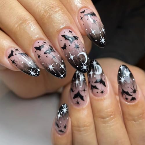 Halloween Bat Press on Nails Starry Sky Almond Fake Nails with Gr...
