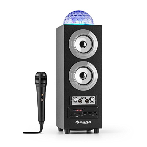 AUNA DiscoStar Silver Edition 2020 - Altavoz Bluetooth 2.1, Sección MP3 con Pantalla LED, SD, USB, Mini USB, Iluminación LED, Sintonizador FM, Micrófono, Mando a Distancia, Batería integrada, Gris