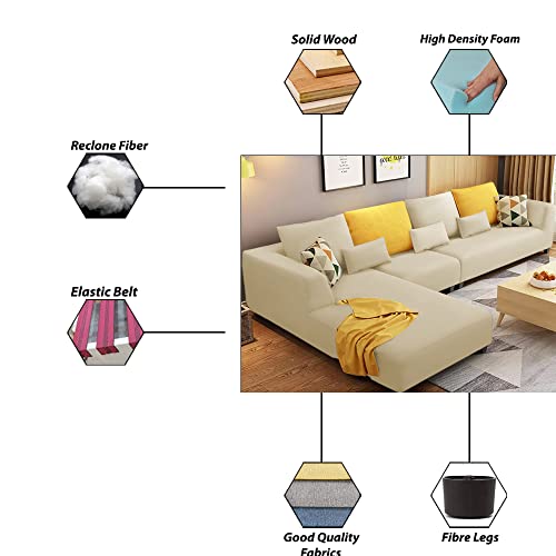 Image of Galib RHS 6 Seater L Shape Sofa Set for Living Room (Cream) Premium Fabric