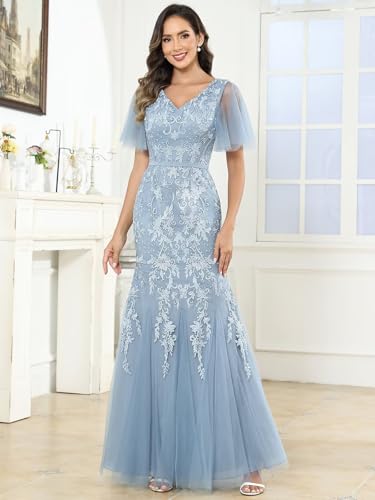 VCCICANY Lace Mermaid Mother of The Bride Dresses Long for Women Short Sleeve V Neck Formal Evening Gowns3