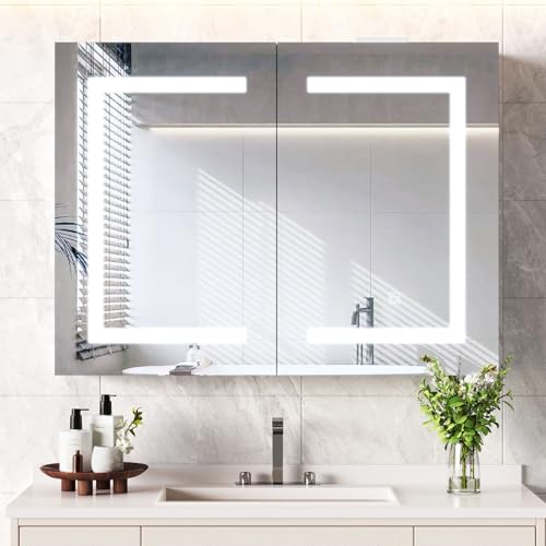 Snughome Bathroom Medicine Cabinet with Mirror & LED Lights, Wall
