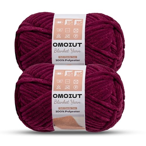 Image of OMoiout Chunky Chenille Yarn for Crocheting, 2 Pack Soft Baby Blanket Yarn, #7 Super Bulky, Chunky Knit Blanket Crochet Yarn, 14 oz /218.7 yds Fluffy Velvet Amigurumi Yarn(2 Burgundy)