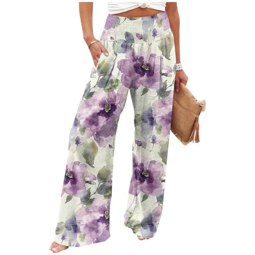 Womens Linen Wide Leg Pants Floral Printing Elastic High Waisted Long Boho Beach Pant Trousers with Pockets