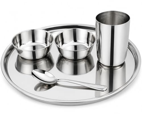 Image of Stainless Steel Dinner Set for 1 Person | 5 Piece Thali Set with Plate, Bowls, Glass & Spoon | Mirror Finish Serving Dinnerware Combo for Home & Restaurant