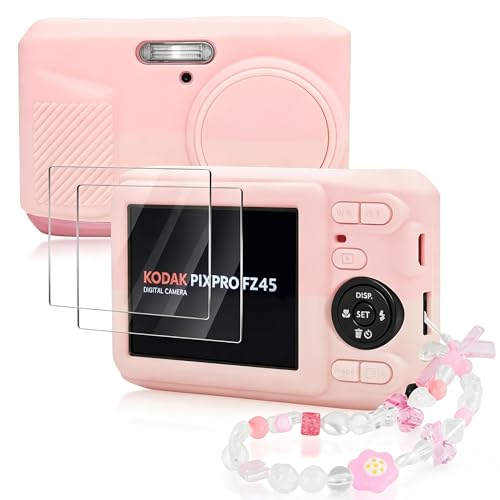 Seltureone Camera Case for KODAK PIXPRO FZ45 with Cute Camera Charm Wrist Strap and Screen Protector Built-in Lens Cap Soft Silicone Protective Case for KODAK PIXPRO FZ45 Accessories - Two-tone Pink